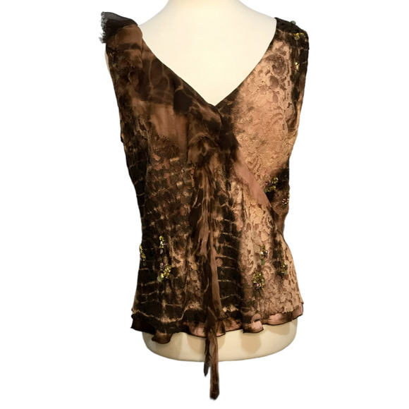 Casch by Gro Abrahamsson Size 40 US Large Brown Lace Silk Sleeveless Sequin Raw - Picture 1 of 15